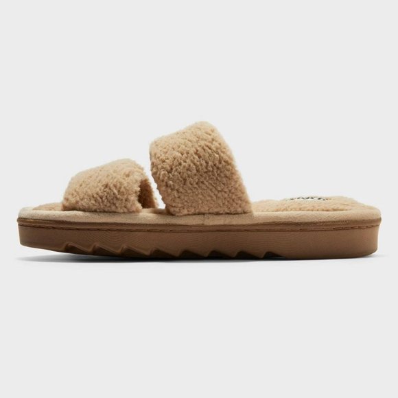 Women's dluxe by dearfoams Eliana Teddy Double Band Slide Slippers, Tan - Picture 2 of 3